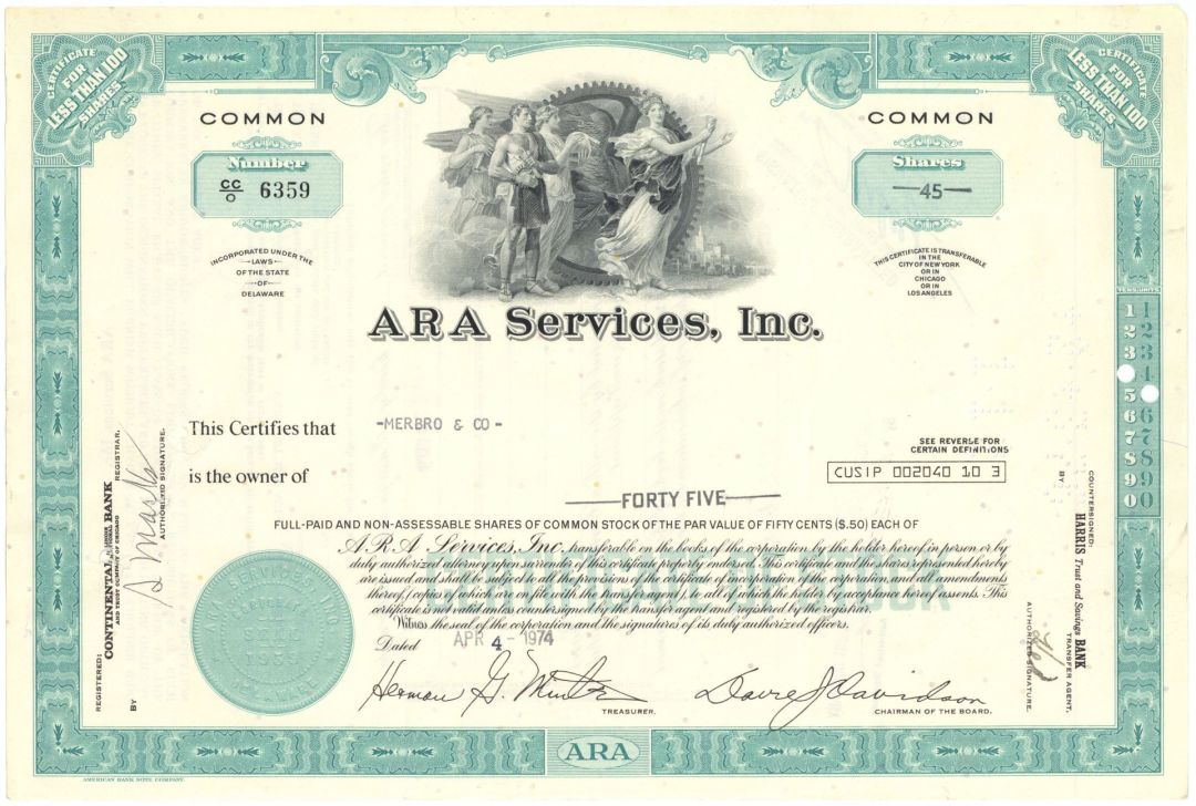 ARA Services, Inc. - Also known as Aramark - 1974 dated Stock Certificate - Corner Tear at Top Right