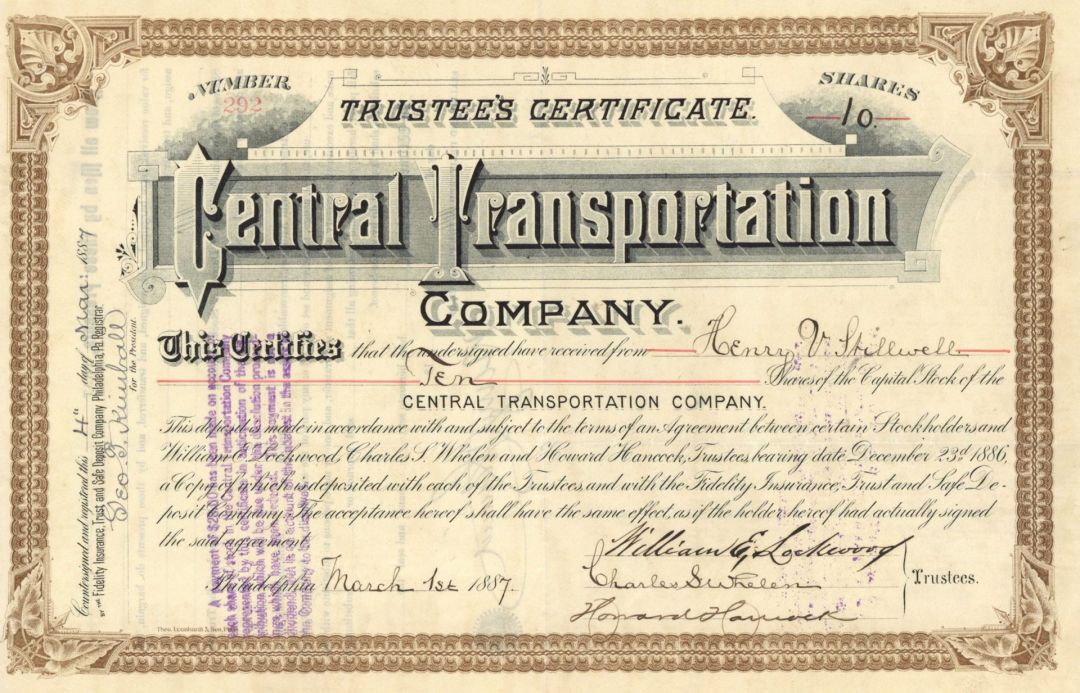 Central Transportation Co. - 1887-1898 Stock Certificate