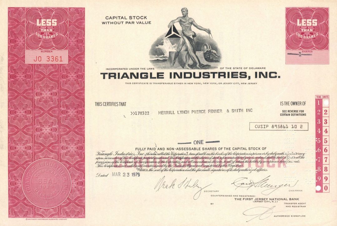 Triangle Industries, Inc. - 1979 Stock Certificate