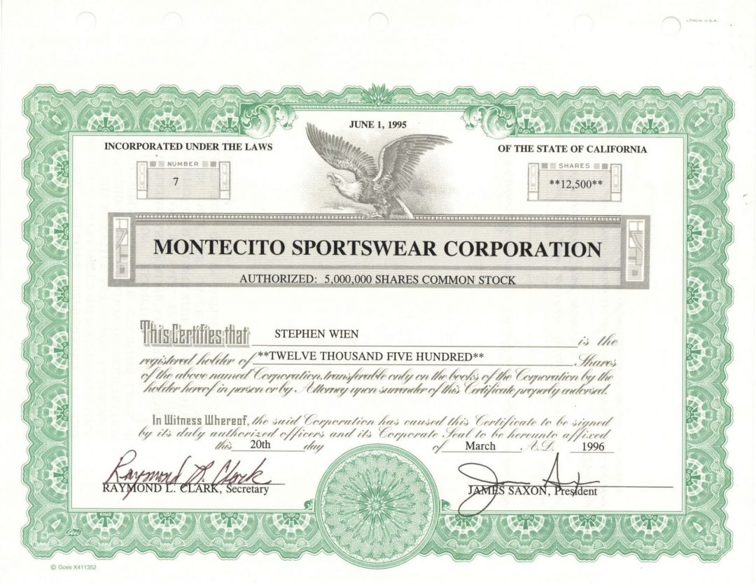 Montecito Sportswear Corp. - 1996 Stock Certificate