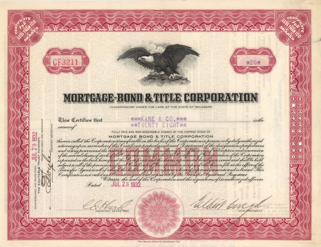 Mortgage-Bond and Title Corp. - 1932 Stock Certificate