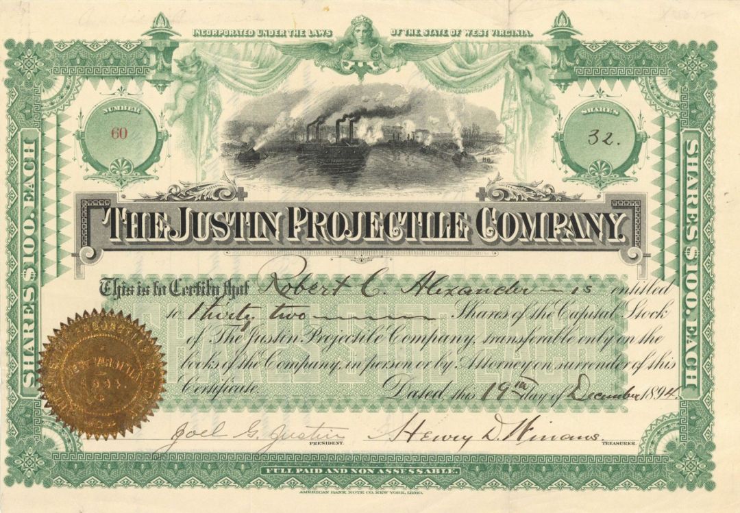 Justin Projectile Co. dated 1894-  Stock Certificate