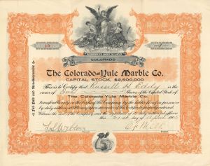 Colorado=Yule Marble Co. - 1905 dated Yule Marble Mining Stock Certificate - Very Rare Topic