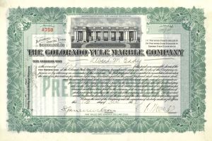 Colorado-Yule Marble Co. - 1907-1914 dated Yule Marble Mining Stock Certificate - Green Type