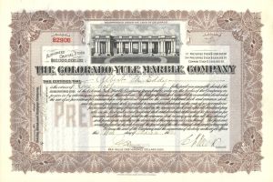 Colorado-Yule Marble Co. - 1907-1914 dated Yule Marble Mining Stock Certificate - Brown Type