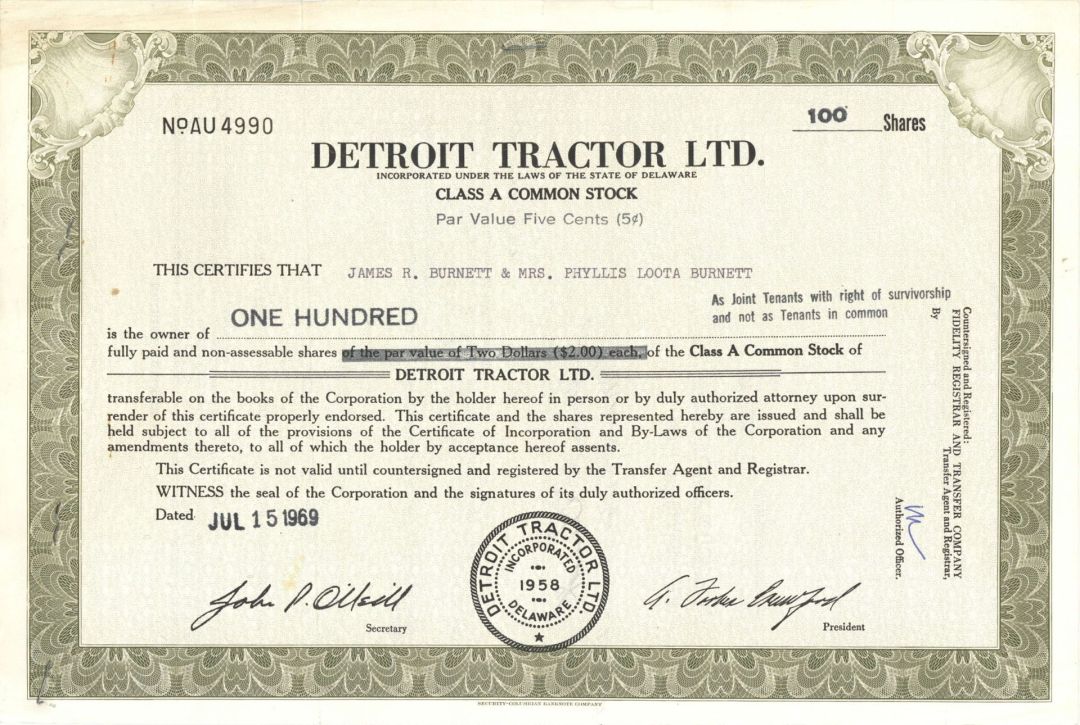 Detroit Tractor Ltd. - 1969 dated Stock Certificate