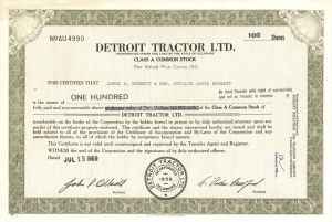 Detroit Tractor Ltd. - 1969 dated Stock Certificate