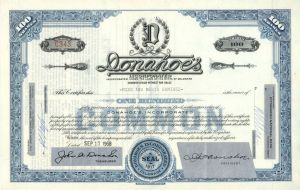 Donahoe's Inc. - 1968-70 Stock Certificate - Popular Grocery Business around Pittsburgh, Pennsylvania