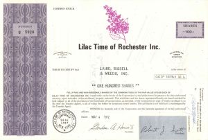Lilac Time of Rochester Inc. - 1972 or 1973 Stock Certificate