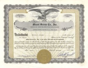 Miami Screw Co.,  Inc. - 1965 Stock Certificate