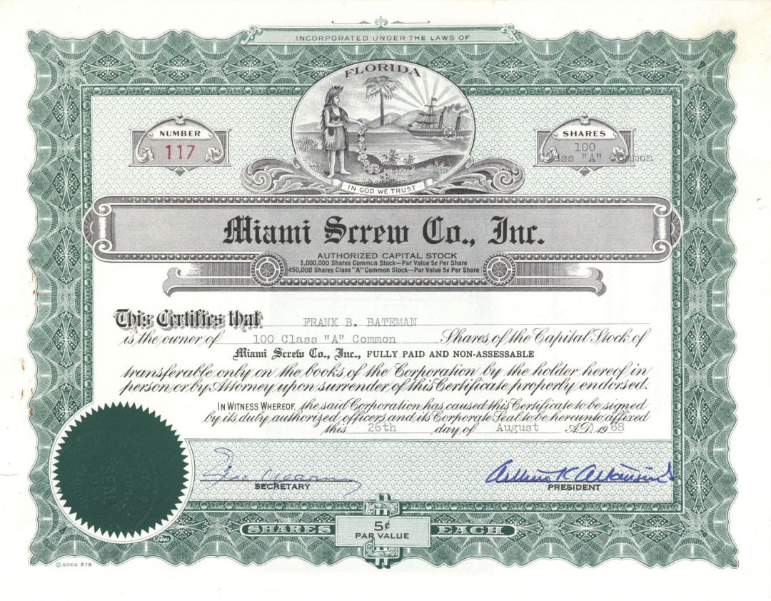 Miami Screw Co.,  Inc. - 1968 or 1970 Stock Certificate - Miami, Florida