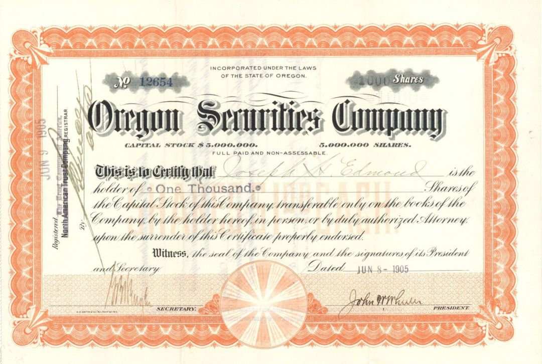 Oregon Securities Co. - 1905 Stock Certificate