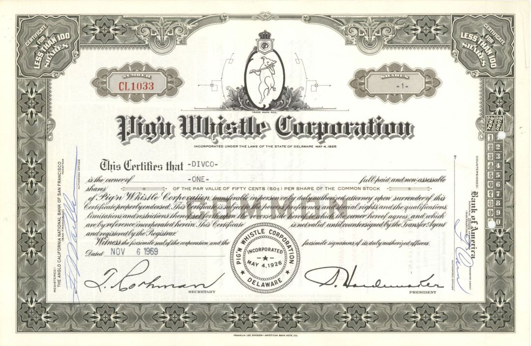 Pig'n Whistle Corp. - 1969 Stock Certificate
