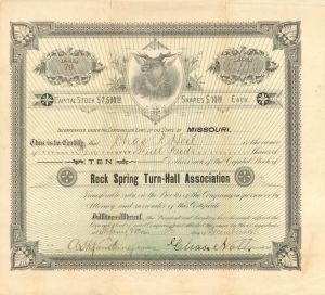 Rock Spring Turn-Hall Association - 1896 Stock Certificate