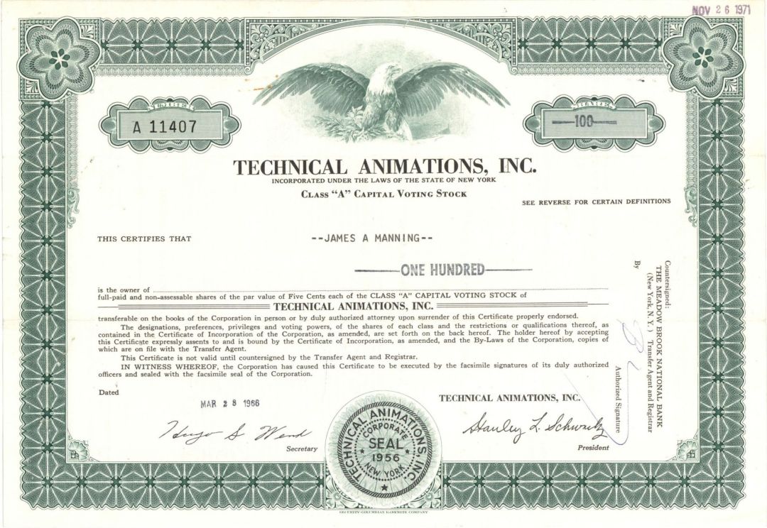 Technical Animations, Inc. - 1966 Stock Certificate