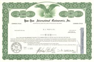 Yum-Yum International Restaurants, Inc. - 1971 Stock Certificate