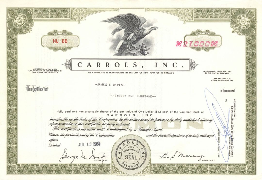 Carrols, Inc. - Stock Certificate
