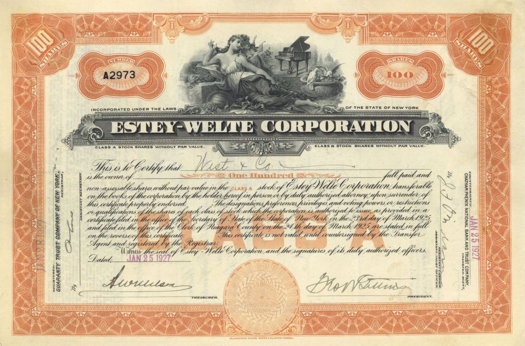 Estey-Welte Corp. - 1927 dated Stock Certificate - Unique Piano Vignette - Organ Maker