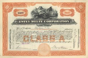 Estey-Welte Corp. - dated 1927 Stock Certificate - Unique Piano Vignette - Organ Maker