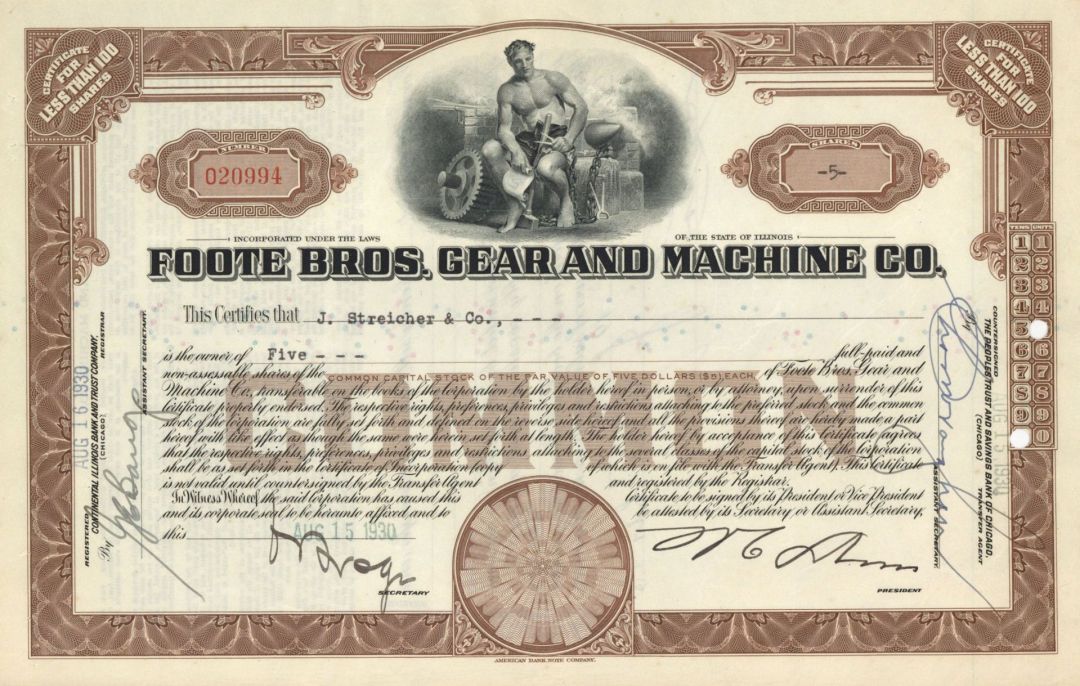 Foote Bros. Gear and Machine Co. - 1930 dated Stock Certificate