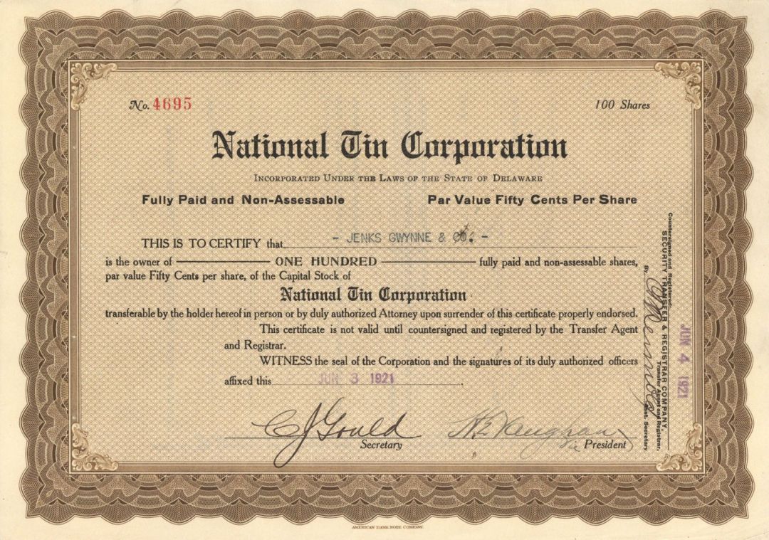 National Tin Corp. - Stock Certificate