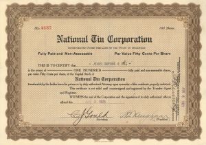 National Tin Corp. - Stock Certificate