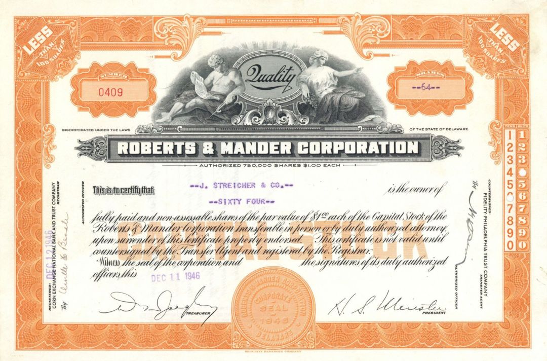 Roberts and Mander Corp. - 1946 dated Stock Certificate - Stove Makers