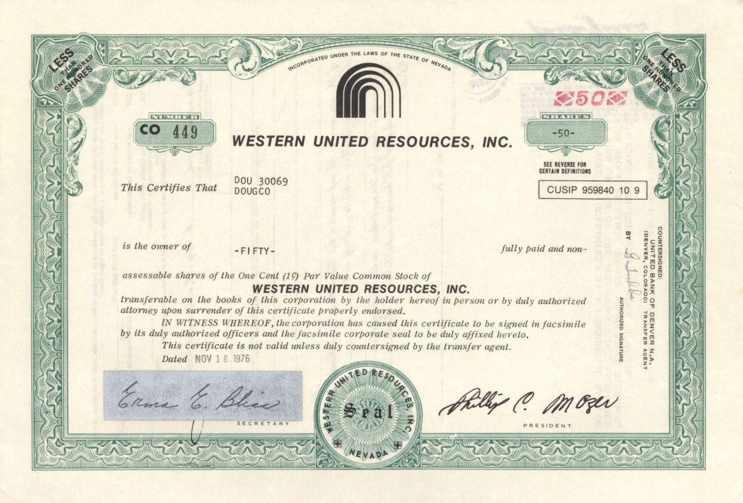 Western United Resources, Inc. - Stock Certificate