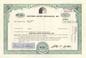 Western United Resources, Inc. - 1970's dated Agricultural Stock Certificate