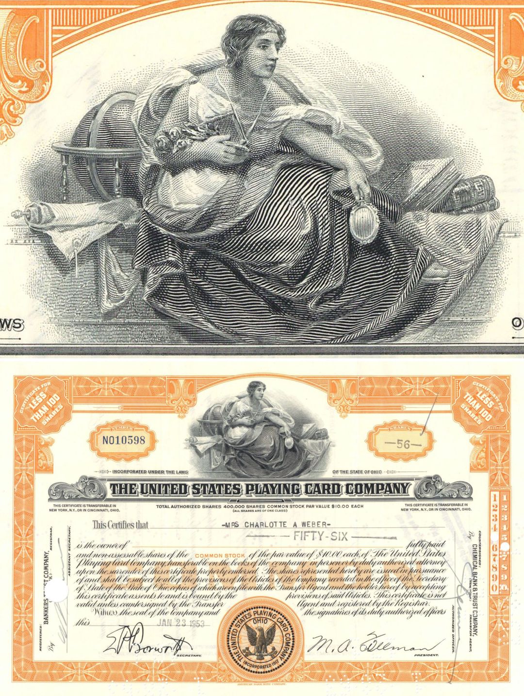 United States Playing Card Co. - 1942-1965 dated Stock Certificate