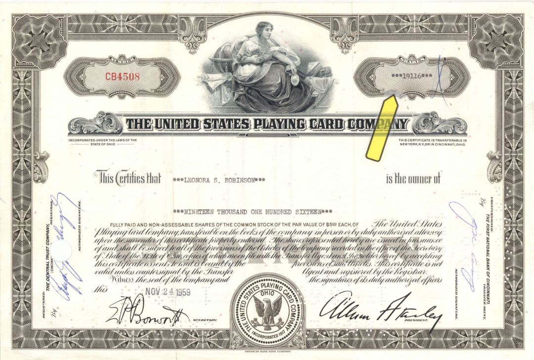 United States Playing Card Co. - High Denomination Stock Certificate