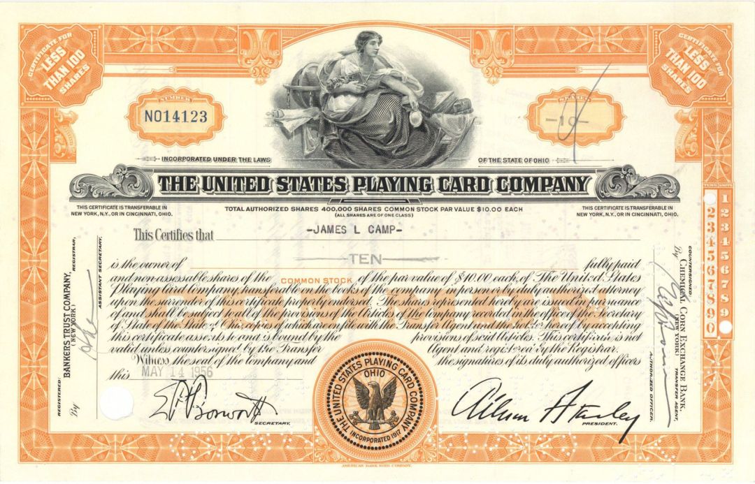 United States Playing Card Co. - High Denomination Stock Certificate