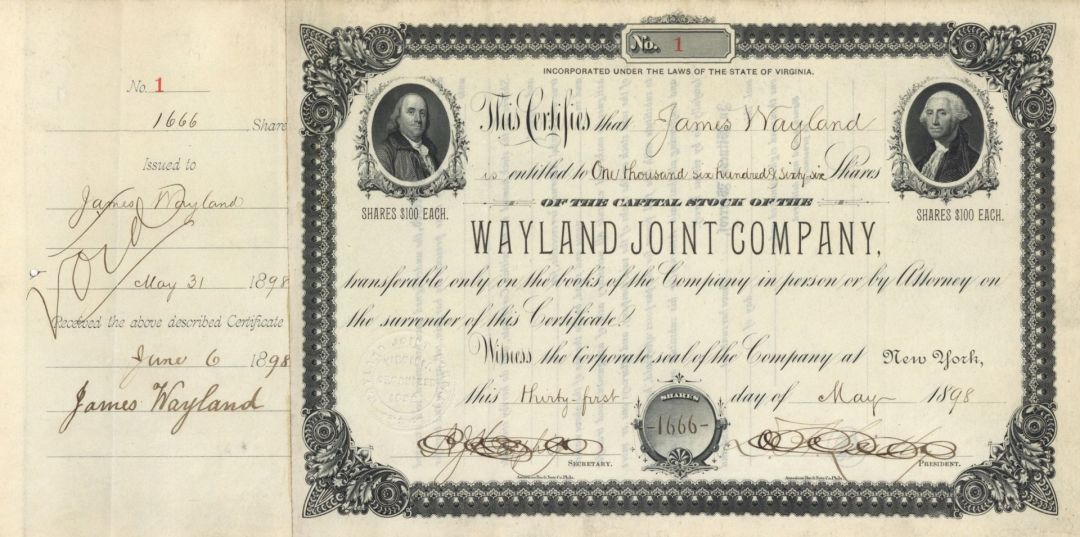 Wayland Joint Co. - Stock Certificate #1