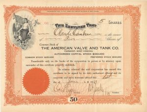 American Valve and Tank Co. - 1919 dated West Virginia Stock Certificate