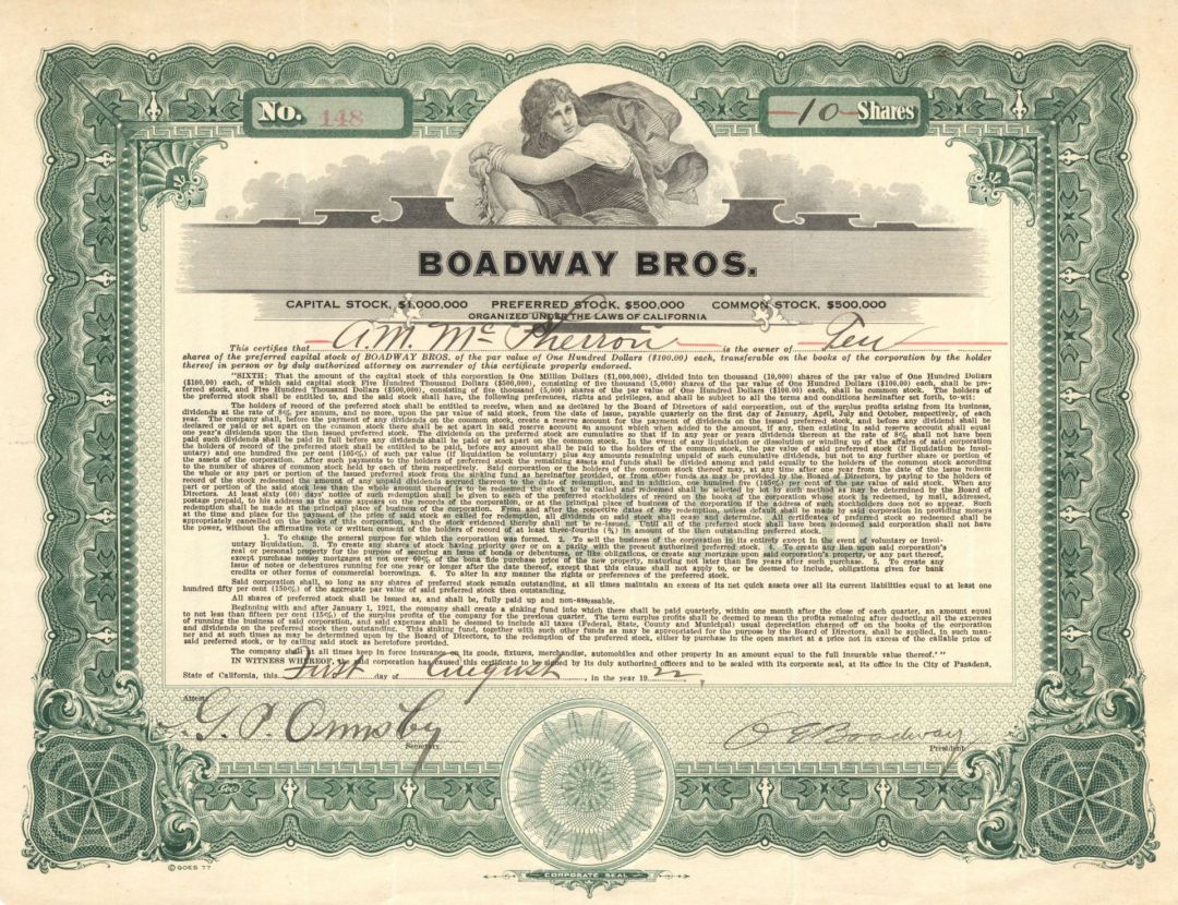 Boadway Bros. - 1922 dated Stock Certificate