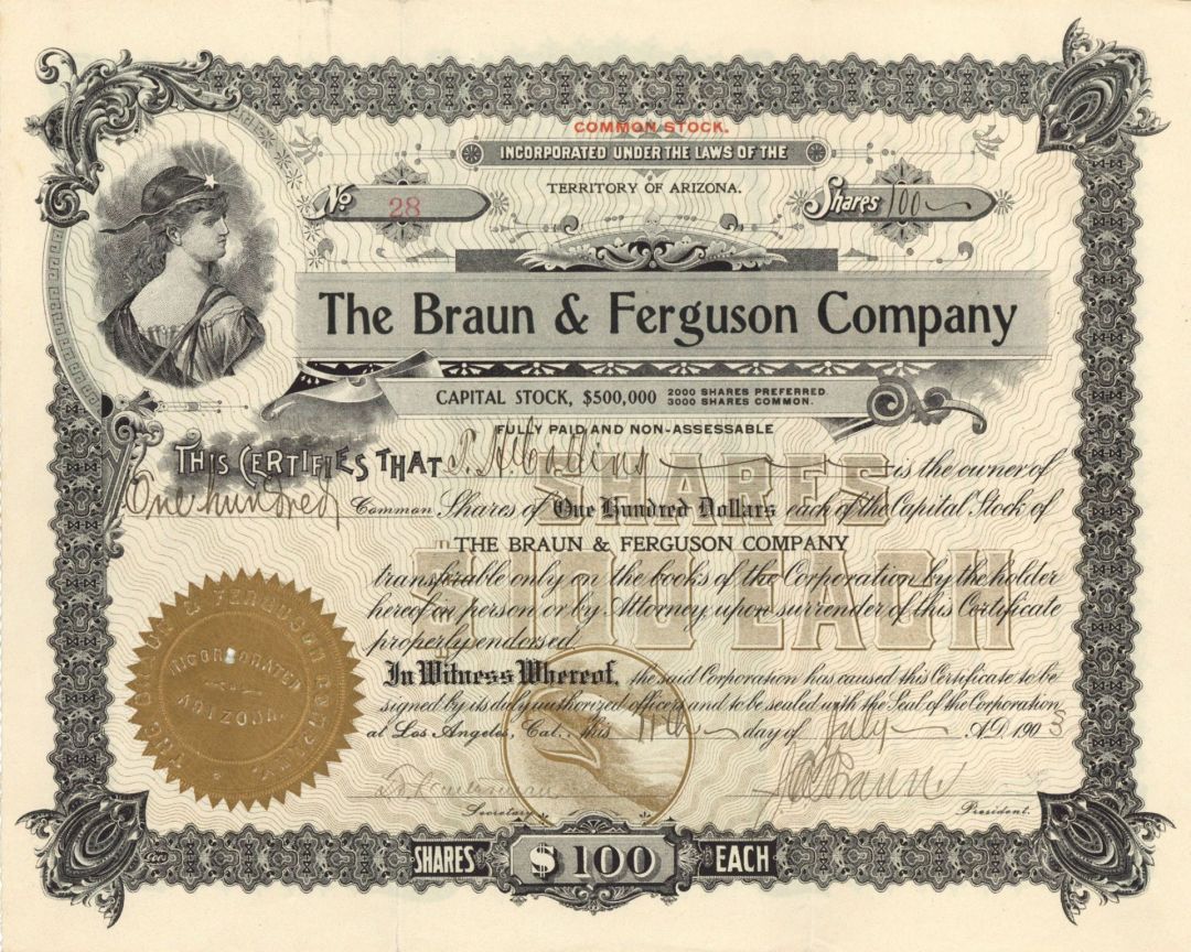 Braun and Ferguson Co. - 1903 or 1904 dated Stock Certificate