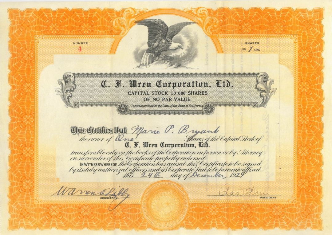 C.F. Wren Corporation, Ltd. - 1929 dated Stock Certificate