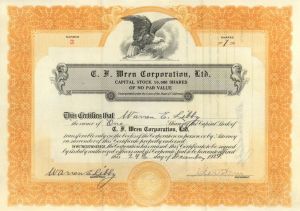 C.F. Wren Corporation, Ltd. - 1929 dated Stock Certificate