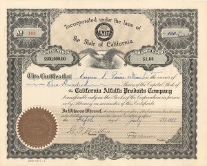 California Alfalfa Products Co. - 1922 dated Stock Certificate