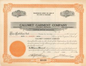 Calumet Garment Co. - 1921 dated Stock Certificate