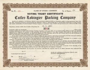 Cutler=Lobingier Packing Co. - 1931 dated Stock Certificate