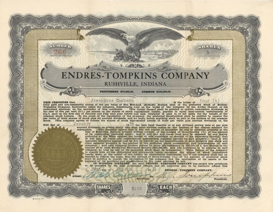 Endres-Tompkins Co. - 1931 dated Stock Certificate