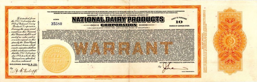 National Dairy Products Corp. - 1936 dated Stock Certificate
