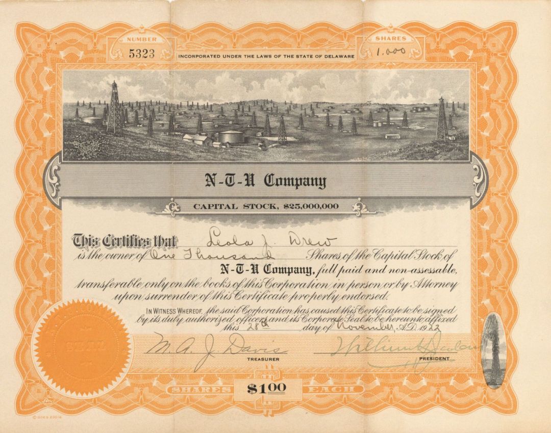 N-T-U Co. - 1922 dated Stock Certificate