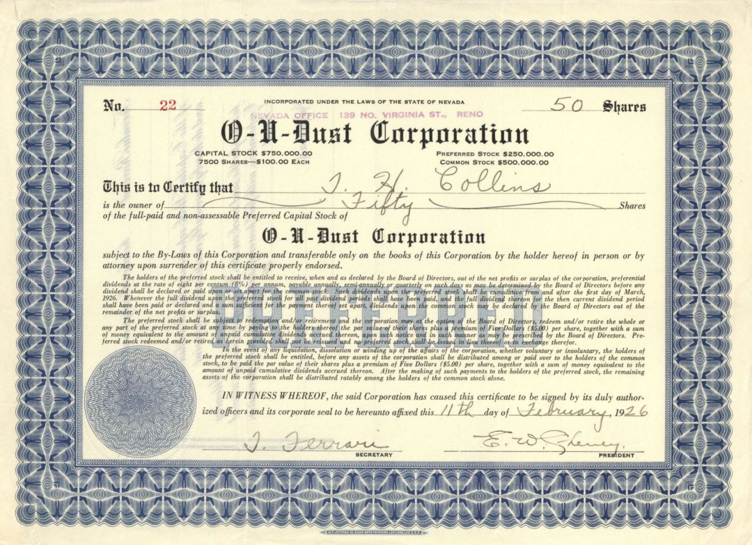 O-U-Dust Corp. - 1926 dated Stock Certificate
