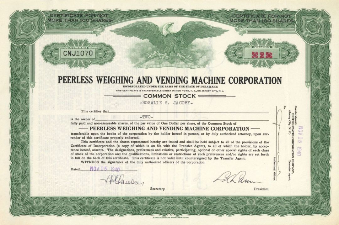 Peerless Weighing and Vending Machine Corp. - 1940 dated Stock Certificate