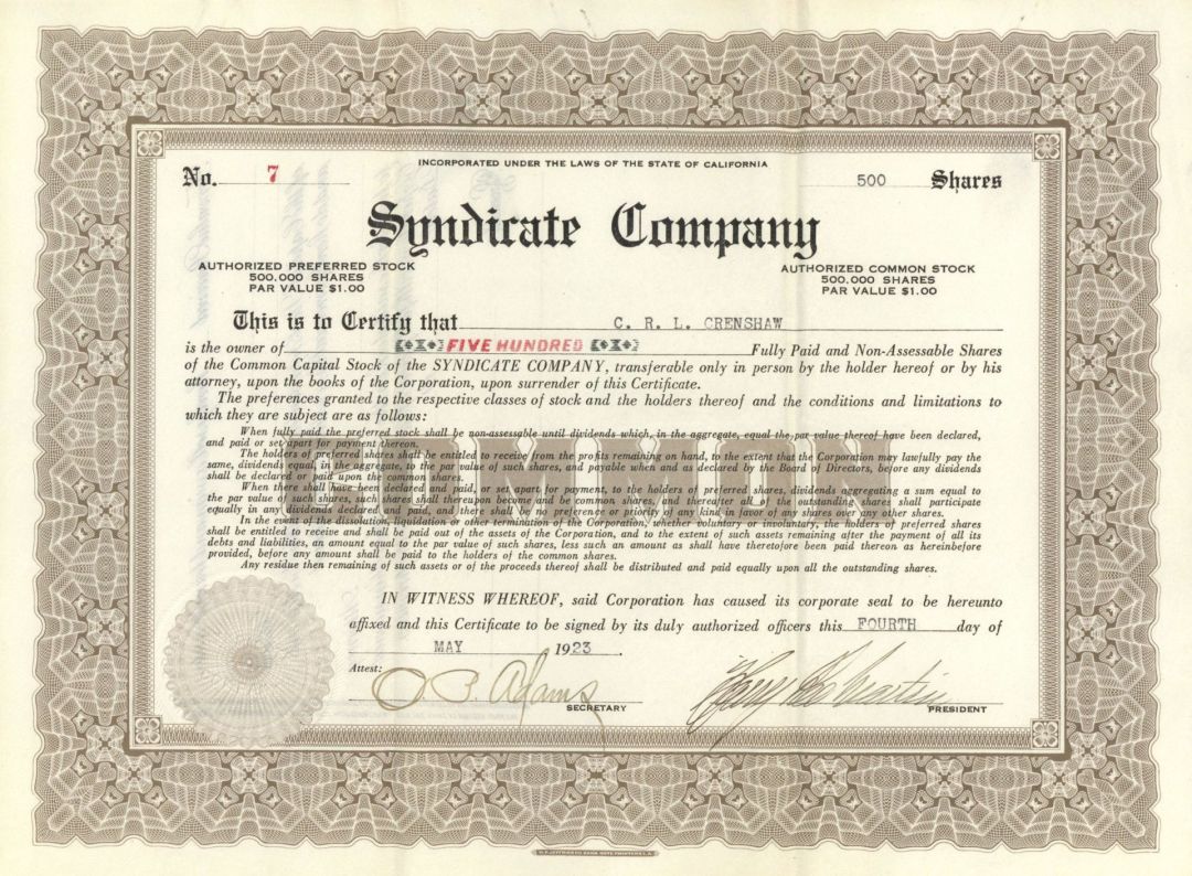 Syndicate Co. - 1923-1927 dated Stock Certificate
