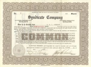 Syndicate Co. - 1923-1927 dated Stock Certificate