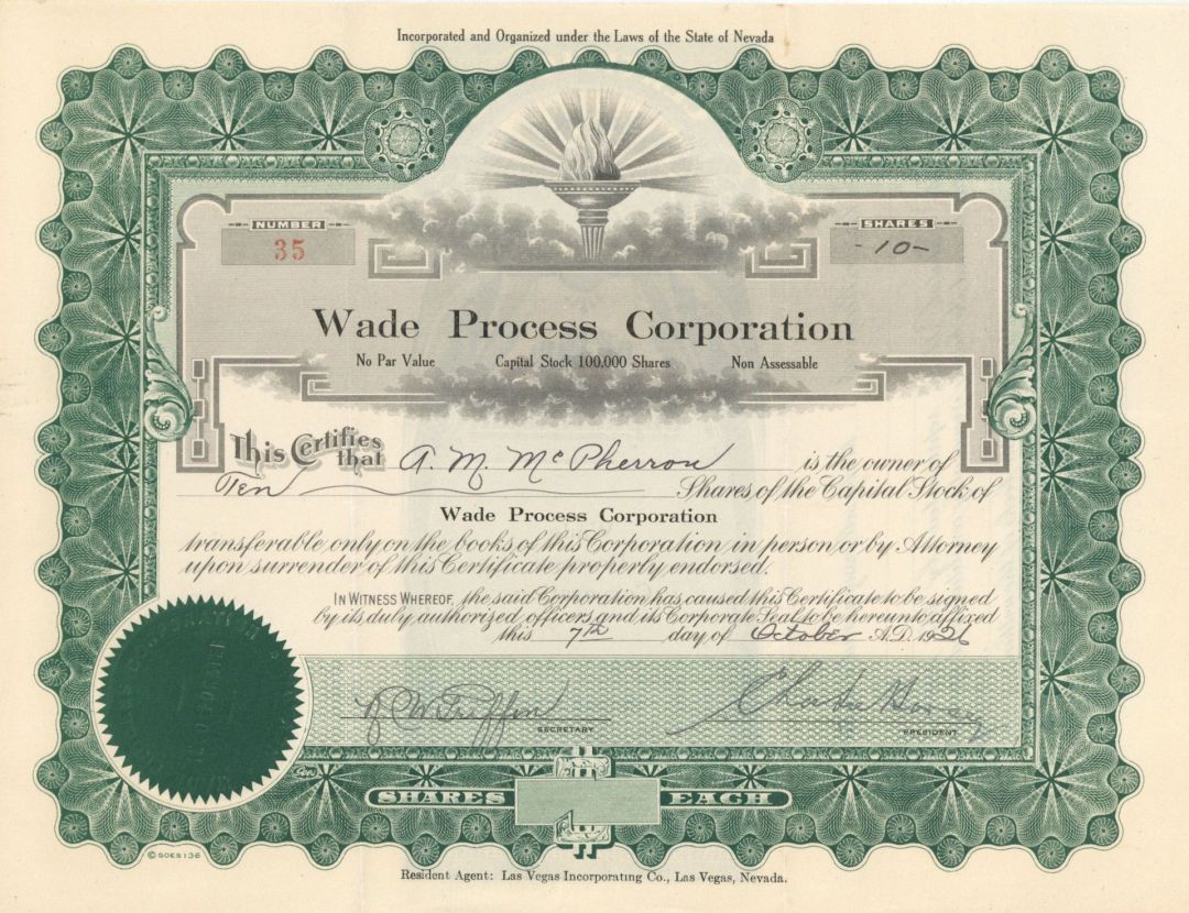 Wade Process Corp. - 1926 dated Stock Certificate