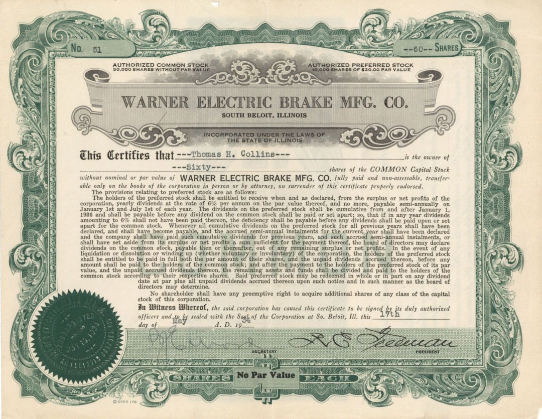 Warner Electric Brake Mfg. Co. - 1934 dated Stock Certificate